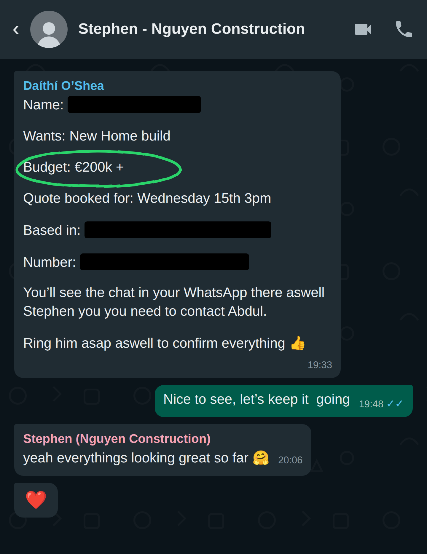 WhatsApp message from Stephen at Nguyen Construction about a €200k+ new home build quote