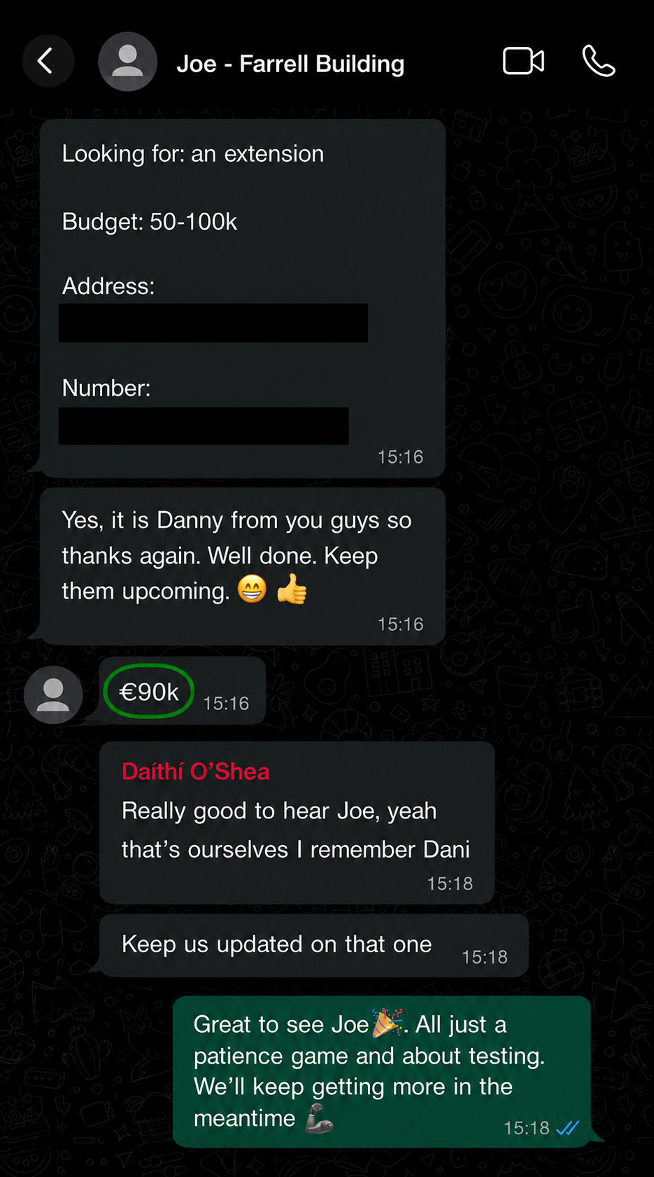 WhatsApp message from Joe at Farrell Building about a €90k extension lead
